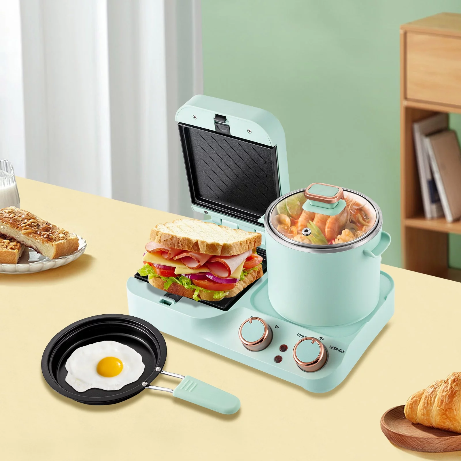 Oukaning 3in1 Breakfast Station Electric Mini Toaster Bread Breakfast Sandwich Maker Soup Pot Frying Pan Pot