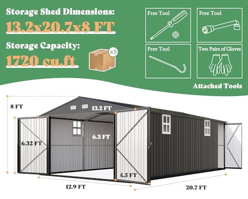 AMERLIFE 13.2x21x8 FT Outdoor Metal Garage Shed, Extra Large Storage Shed with Double Hinged Doors, 4 Windows, Carport for Car, Truck, Motorcycle and Lawn Equipment, Dark Grey