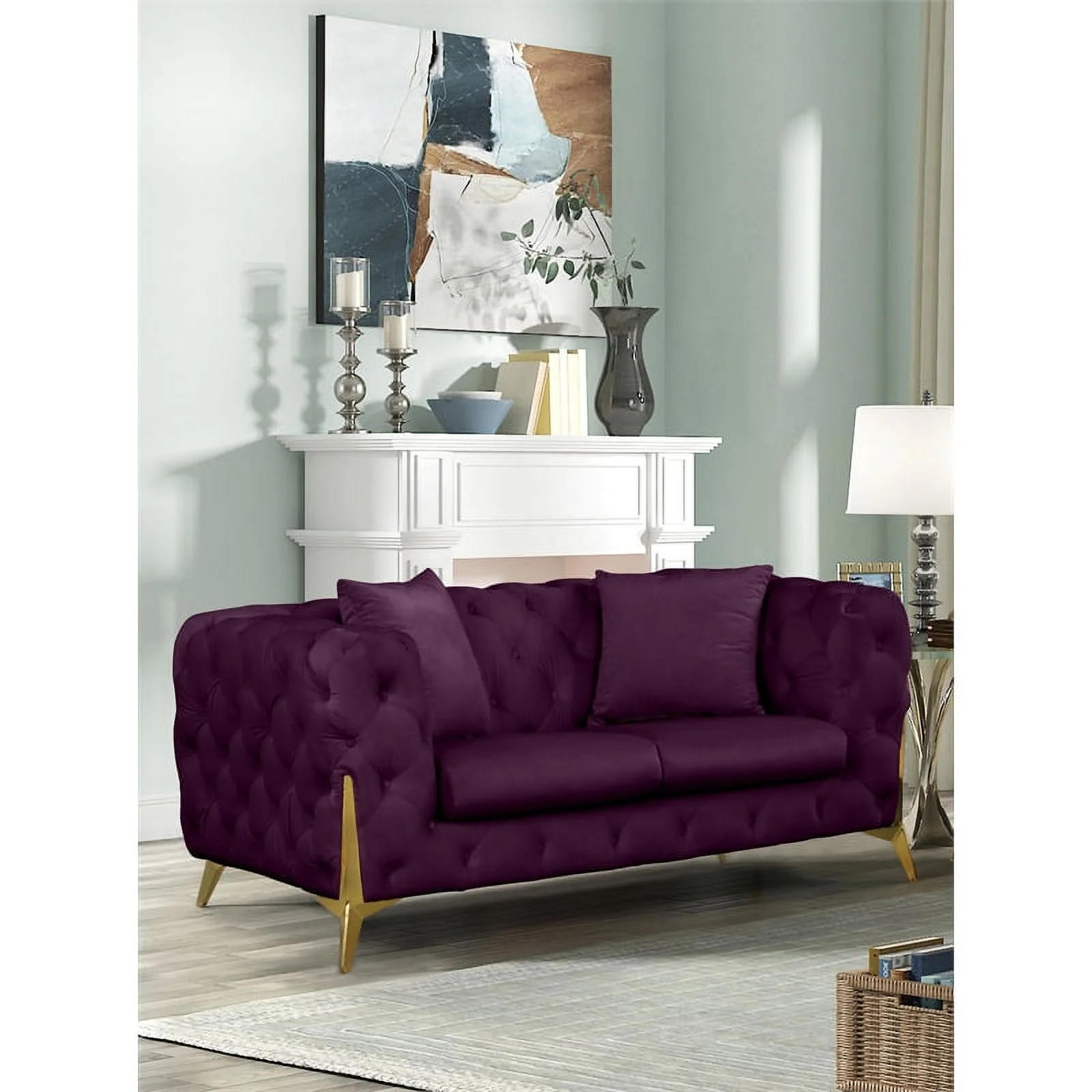Pemberly Row Contemporary Velvet/Metal Loveseat in Soft Purple/Gold