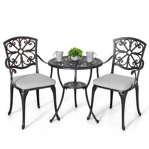 NUU GARDEN Bistro Set 3 Piece Outdoor All Weather Cast Aluminum Patio Bistro Set Patio Table and Chairs Set of 2 with Umbrella Hole and Grey Cushions for Backyard, Balcony, Lawn, Black