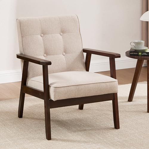ANJ Mid Century Modern Accent Chair, Tufted Fabric Upholstery, Wood Frame, Beige