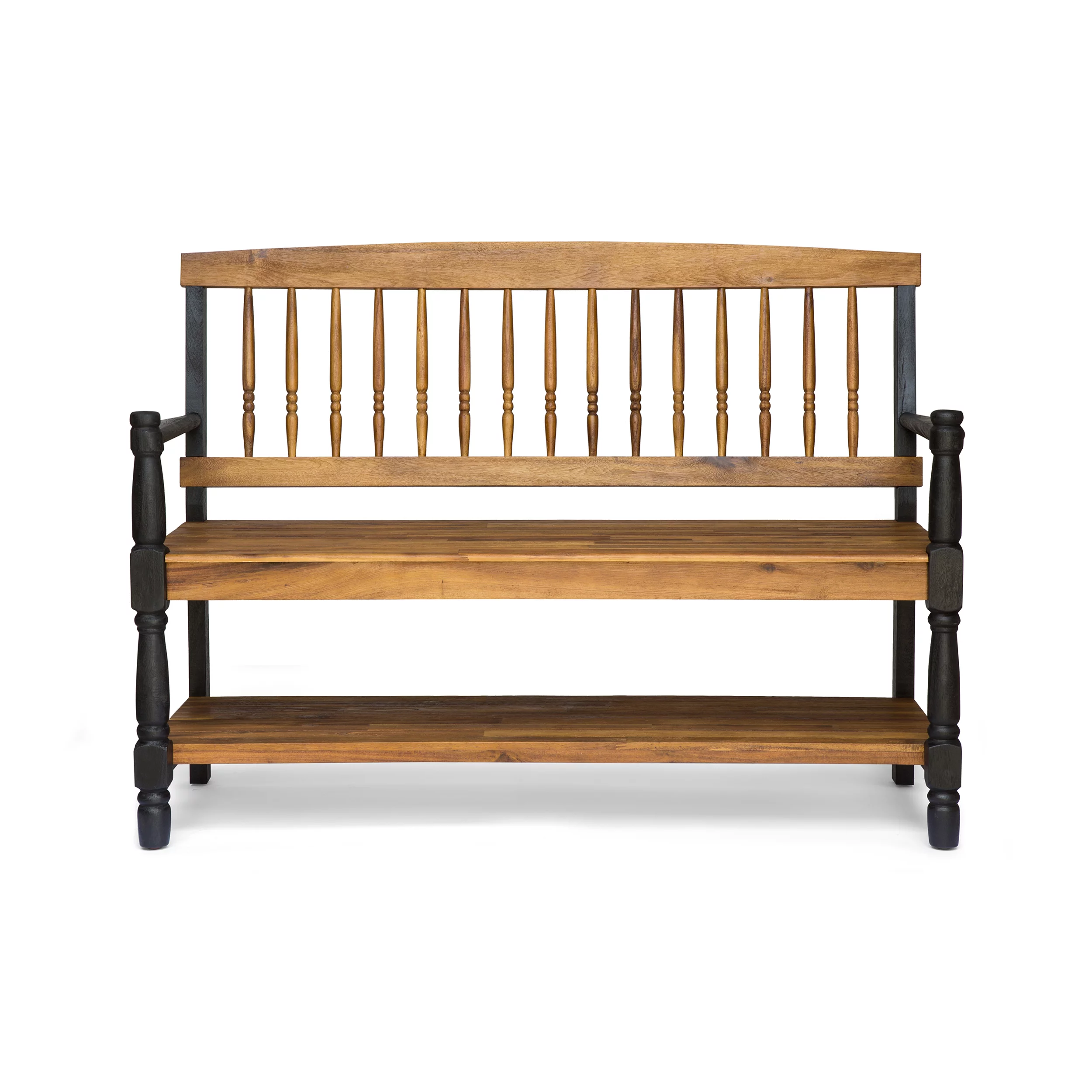 Eddie Rustic Acacia Wood Bench with Shelf, Teak and Black