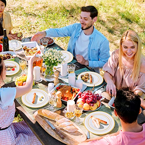 M MCIRCO 175 Piece Gold Dinnerware Set - 50 Gold Rim Plastic Plates - 25 Gold Plastic Silverware - 25 Gold Plastic Cups - 25 Gold Paper Napkins, 25 Guest Disposable Gold Dinnerware Set