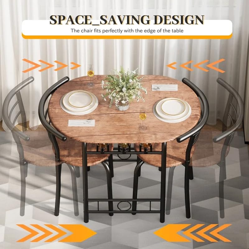 Shahoo 3-Piece Wooden Dining Table Set, Kitchen Breakfast Nook Sets with 2 Chairs & Round Tabletop, Space Saving Furniture Metal Frame and Built-in Wine Rack, Walnut