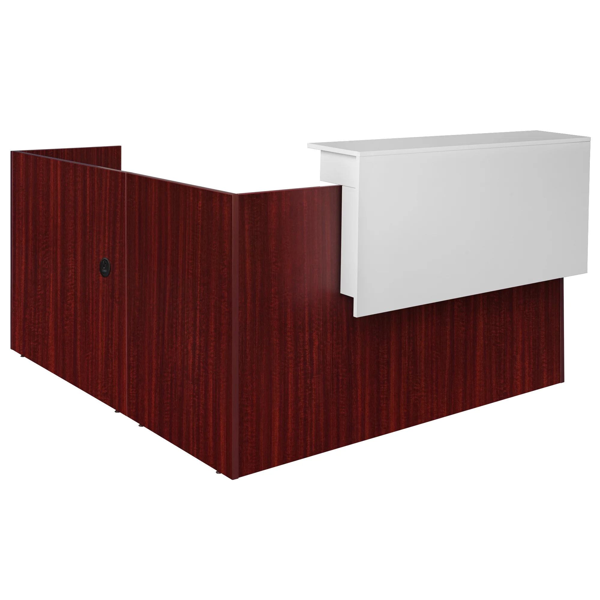Romig Legacy Double Full Pedestal Reception Desk with White Transaction Top- Mahogany