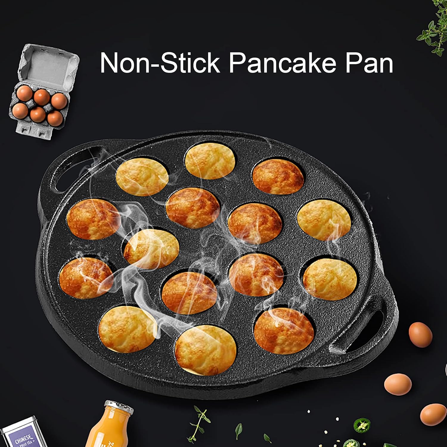 WUWEOT Non-Stick Aebleskiver Pan, Pre-Seasoned Cast Iron Pancake Octopus Ball Grill, 1.5