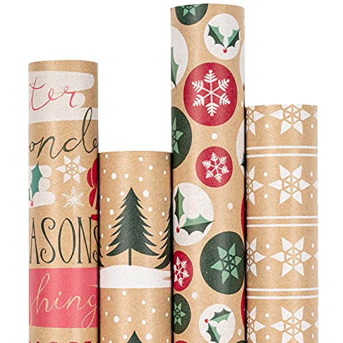 RUSPEPA Christmas Kraft Wrapping Paper - Owl, Reindeer, Christmas Ball and Text Design - 4 Rolls - 30 inches x 10 feet per Roll
