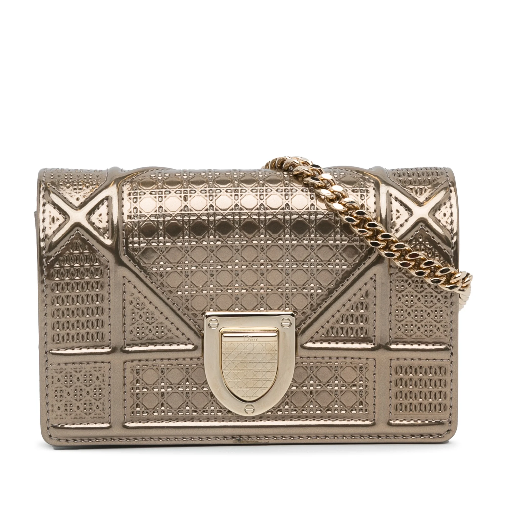 Pre-Owned Authenticated Dior Microcannage Diorama Wallet on Chain Patent Leather Gold Crossbody Bag Unisex (Good)
