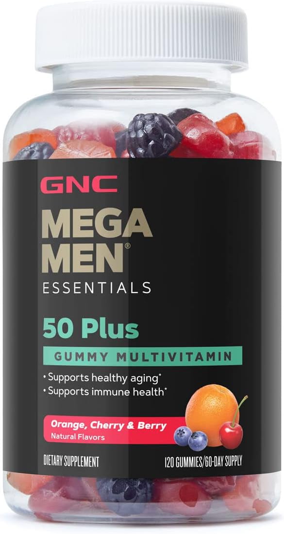 GNC Mega Men Essentials 50 Plus Gummy Multivitamin | Supports Healthy Aging and Immune Health | Orange, Cherry, and Berry | 120 Count