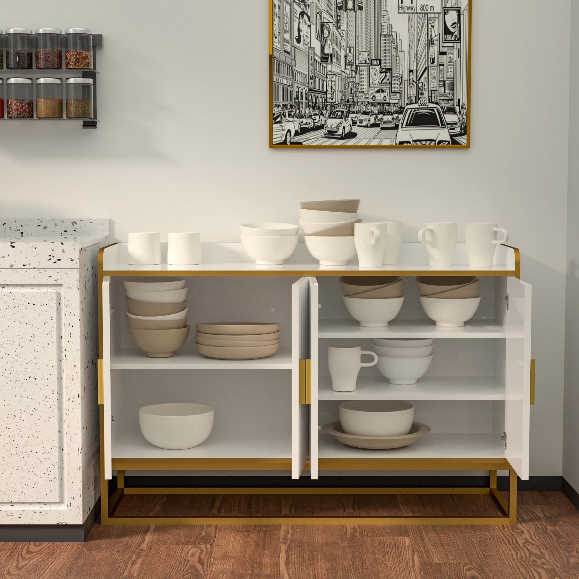 RUXAN Modern Kitchen Buffet Storage Cabinet Cupboard White Gloss with Metal Legs for living room Kitchen