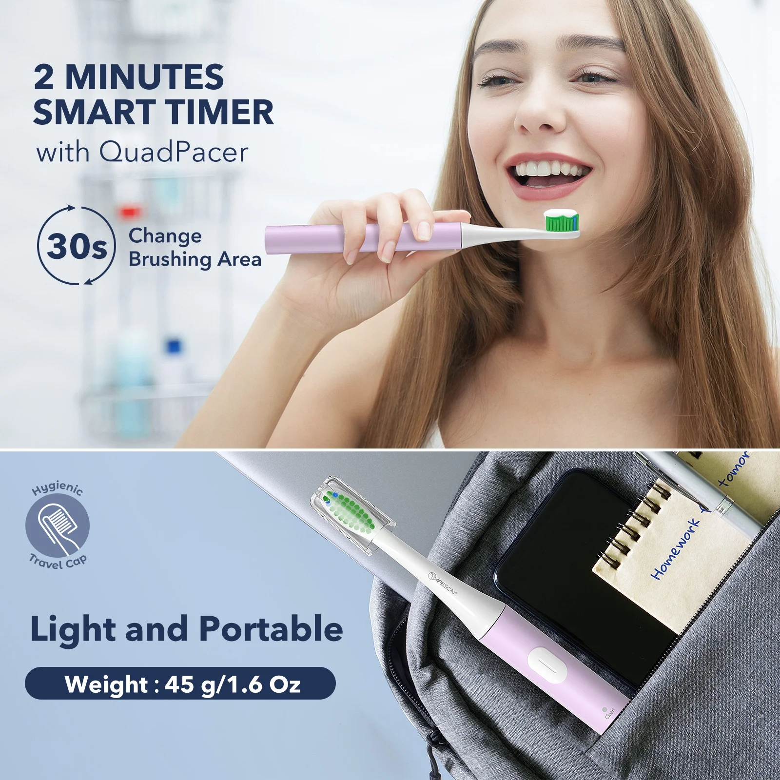 ARISSON Sonic Electric Toothbrush for Adults and Kids, 1.5H Fast Charge for 90 Days, 40,000 VPM Ultrasonic Electric Toothbrushes with 2 Mins Smart Timer, White on Cotton Candy