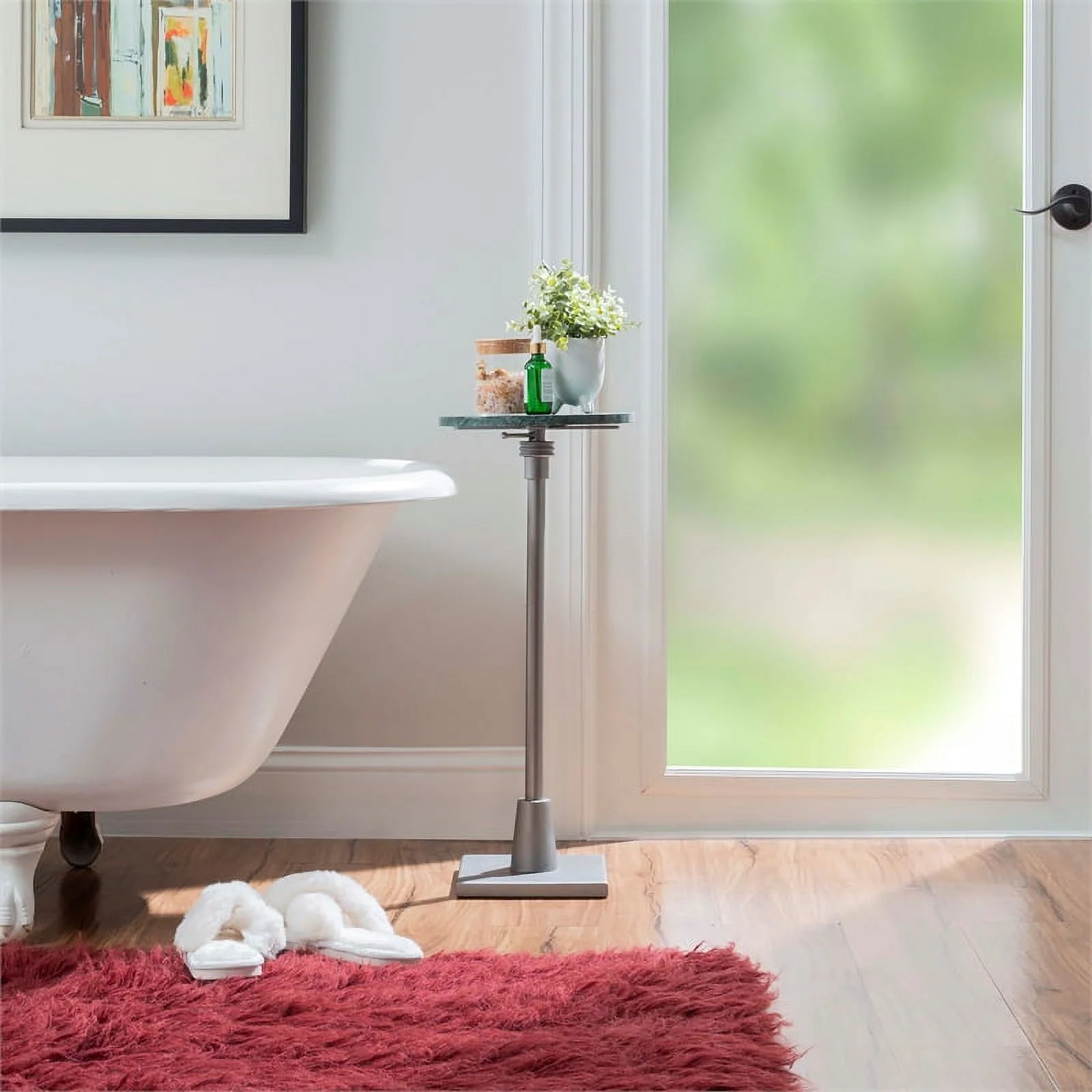 Linon Gavin Adjustable Metal and Green Marble Drink Accent Table in Silver