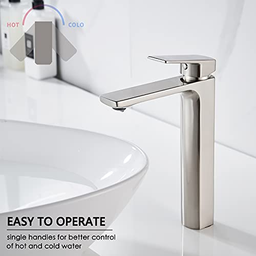 VOTON Vessel Sink Faucet Matte Black Tall Bathroom Faucet Single Handle Vanity Bathroom Sink Faucet 1 Hole Basin Mixer Tap with Water Supply Hose and Pop Up Sink Drain