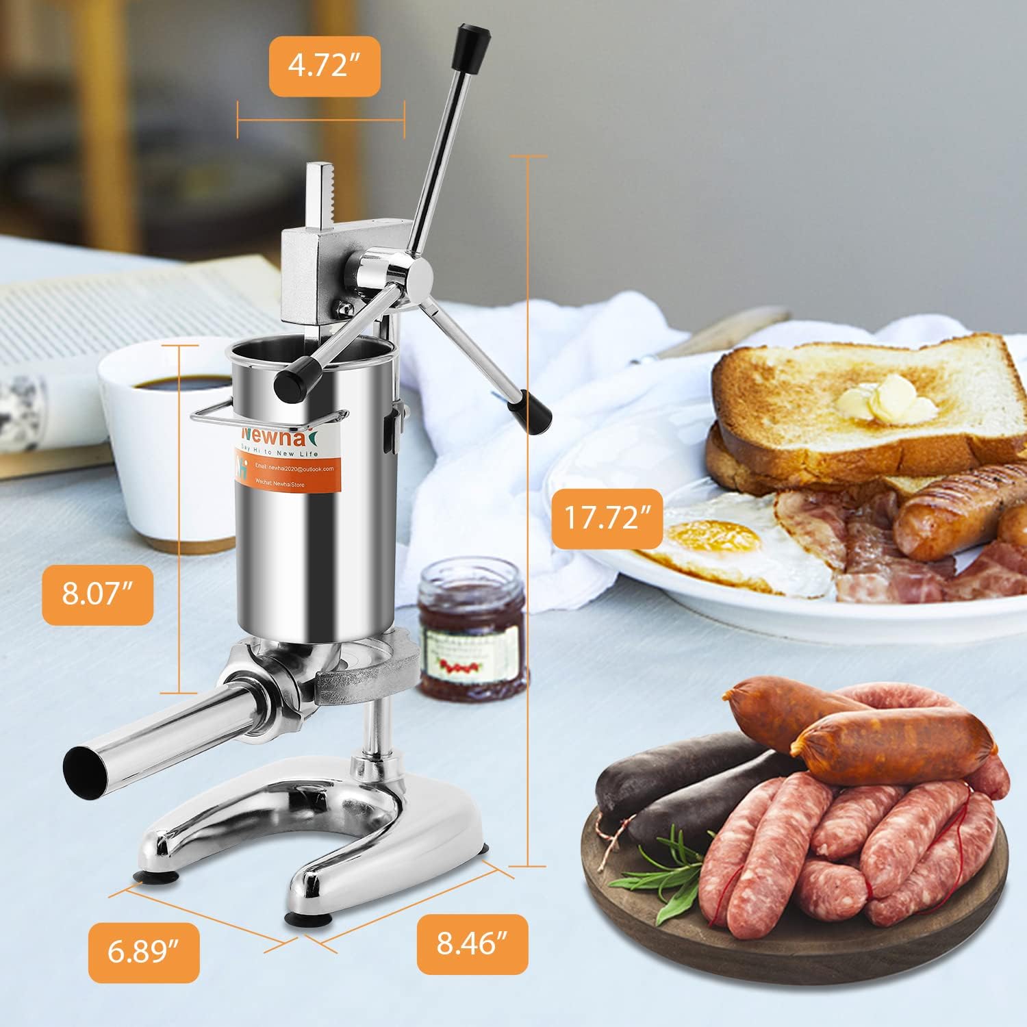 Newhai Manual Sausage Stuffer Stainless Steel Vertical Sausage Maker with 4 Sausage Tubes Meat Filler Home and Commercial Use (2L)