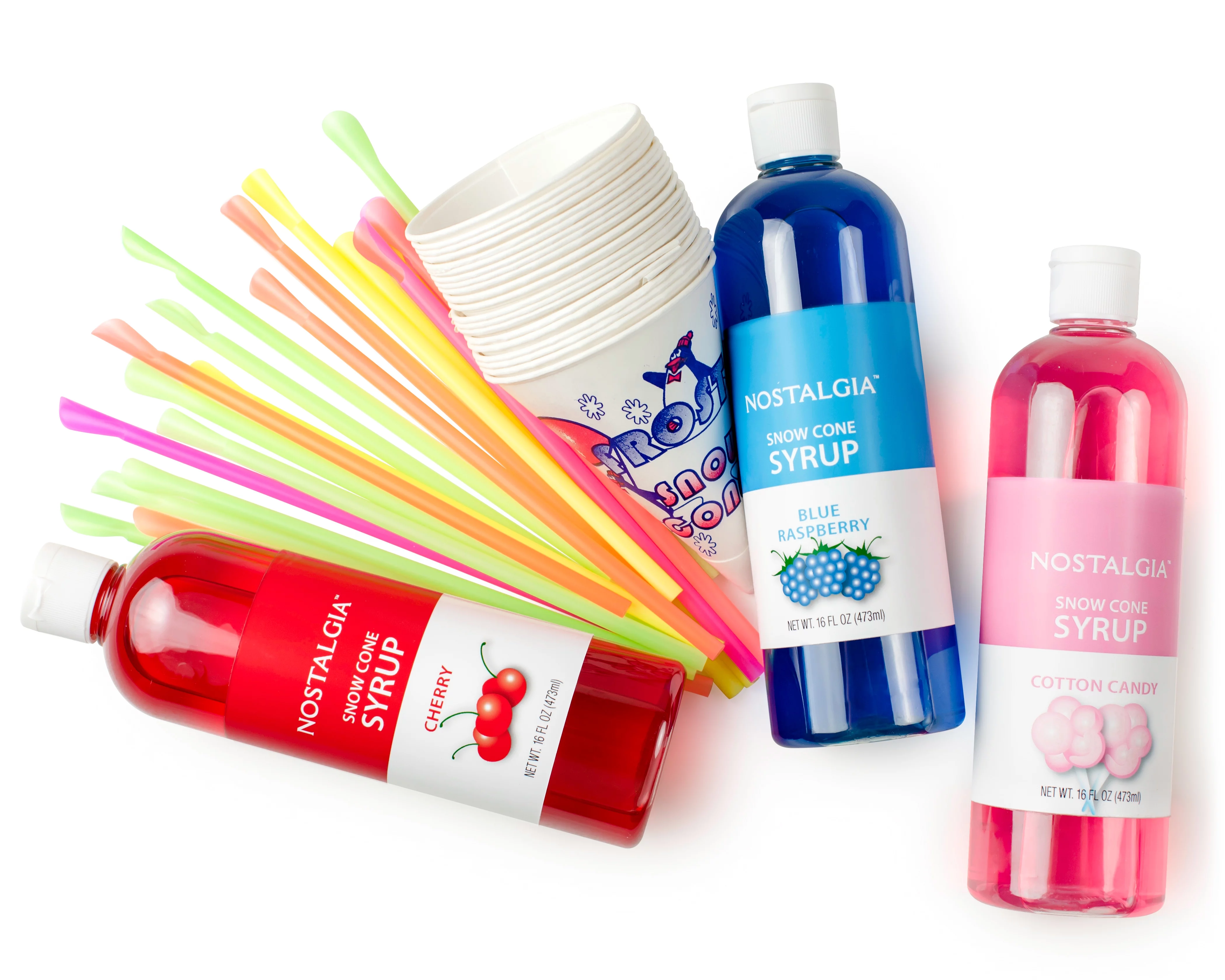 Nostalgia Premium Snow Cone Syrup Party Kit, 3 16-Ounce Snow Cone Syrups 20 Snow Cones, 20 Spoon Straws, SCK3