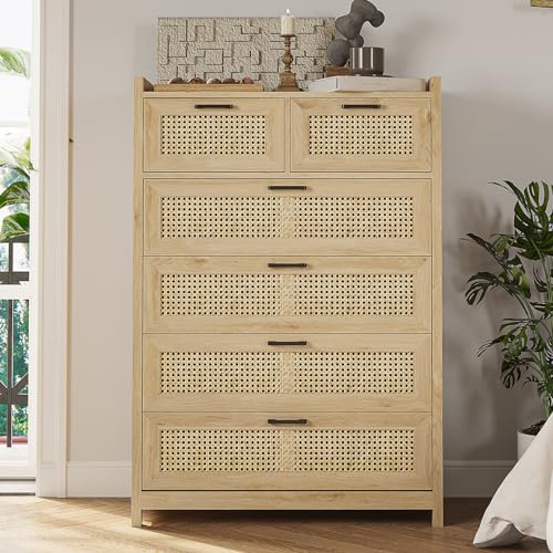 Rattan Dresser for Bedroom with LED Lights, Modern 6 Drawer Dresser with Metal Handles, Wood Storage Chest of Drawers Dresser for Closet, Bedroom, Living Room, Hallway