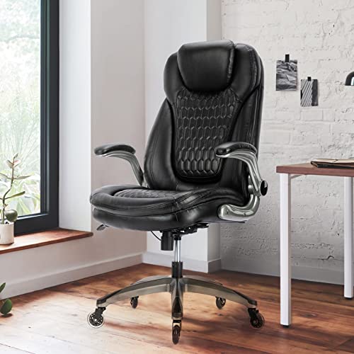 Executive Office Chair-Ergonomic Computer Desk Chair, High Back Leather Chair with Padded Flip-up Arms, Swivel Home Office Chair Upgraded Caster-Black