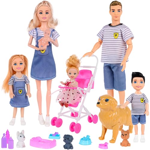 Dolls Family Playset with Baby Stroller Set- 6 People, Pets & Accessories for 3-12 Years Old | Toddler Gift with Pregnant Mom, Dad, 3 Kids, Dogs, and Interactive Play