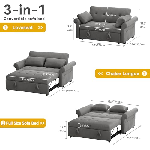 DWVO Sleeper Sofa Bed 3-in-1 Convertible Couch with Pullout Bed, 55'' Loveseat Sleeper Sofa Bed with Reclining Backrest with 2 Pillows and Storage Bag for Living Room, Bedroom, Apartment, Blue Gray