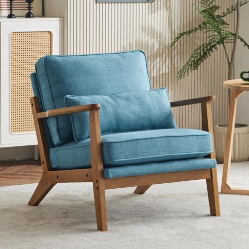 VINGLI Solid Wood Wide Armrests Accent Chair,Upholstered Mid Century Modern Chair with Pillow,Comfy Reading Chair Farmhouse Arm Chair,Chairs Living Room,Bedroom,Guest Room,Linen Fabric,Beige