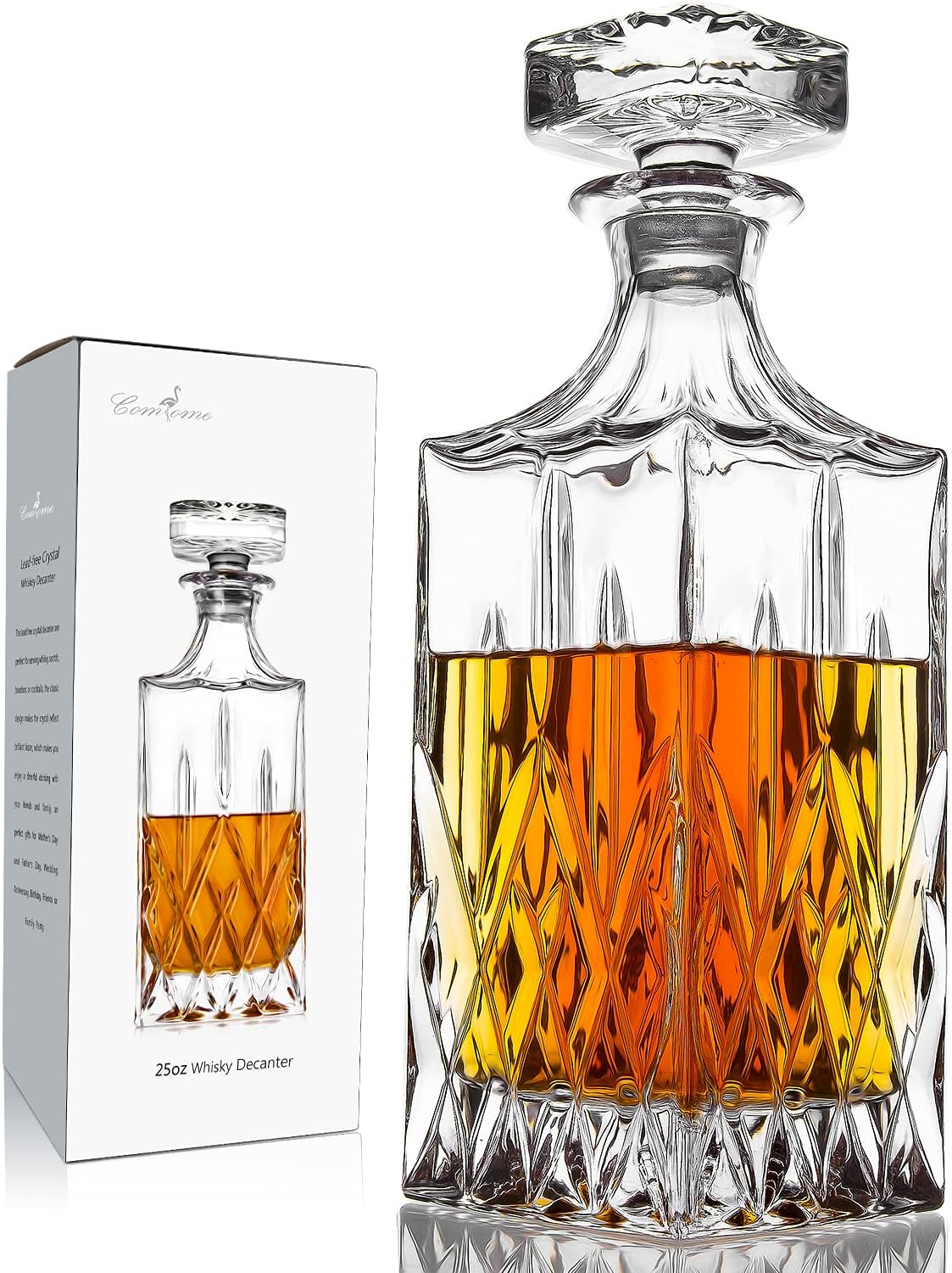 Whiskey Decanter With Glass Stopper ,25 oz Liquor Decanter For Alcohol , Wine , Scotch , Brandy or Bourbon Decanter , Lead-Free Crystal Decanter