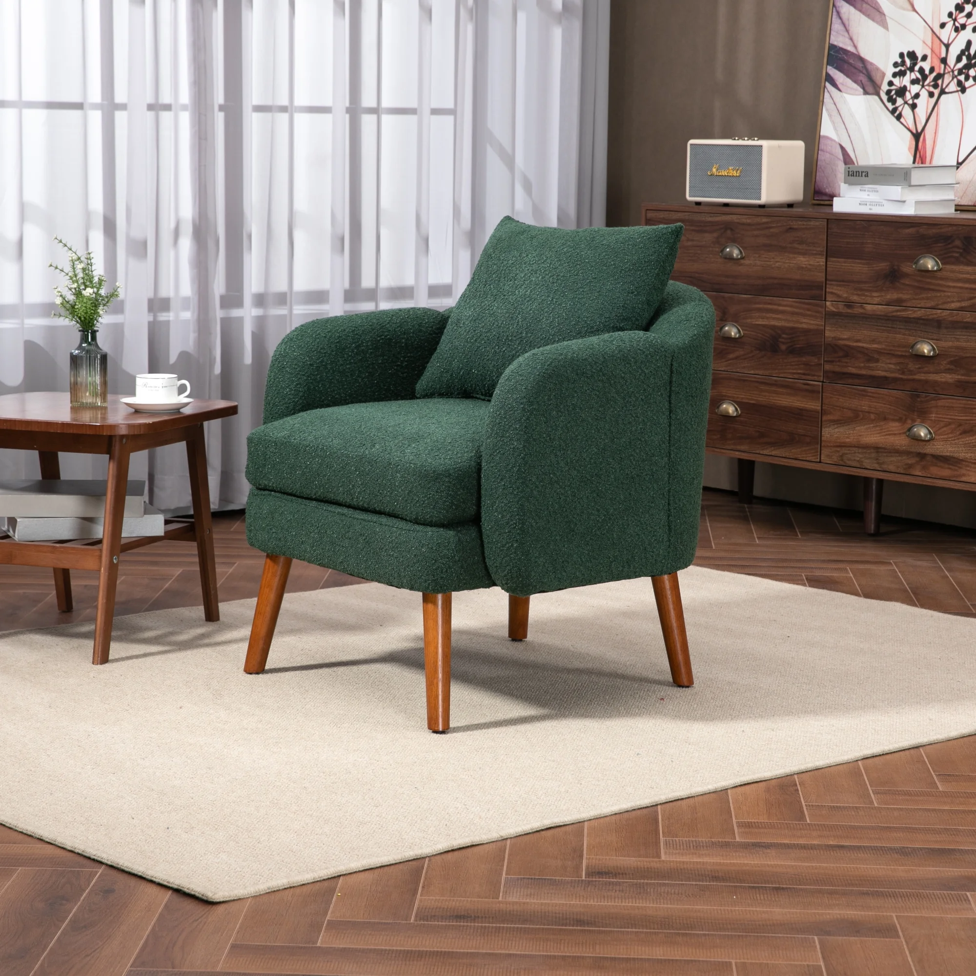 Dawn Whisper Wood Frame Armchair, Modern Accent Chair Lounge Chair for Living Room in Emerald