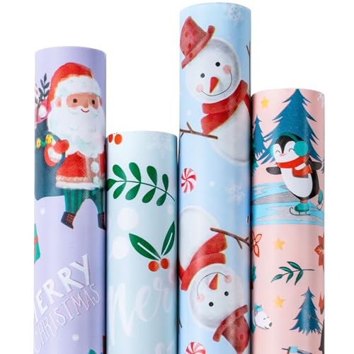 RUSPEPA Christmas Kraft Wrapping Paper - Owl, Reindeer, Christmas Ball and Text Design - 4 Rolls - 30 inches x 10 feet per Roll