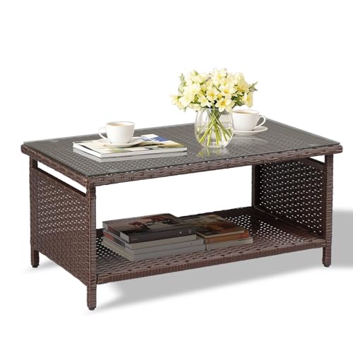 VINGLI Outdoor Wicker CoffeeTable Patio Coffee Tables for Outside, Tempered Glass Top Wicker Table with Storage Coffee Table for Patio Balcony Porch Deck (Brown)