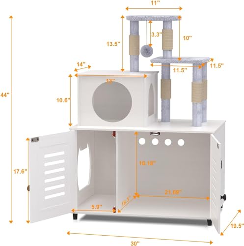 White All-in-one Cat Cabinet with Litter Box Enclosure, Scratching Post, Soft Plush Perch and Divider