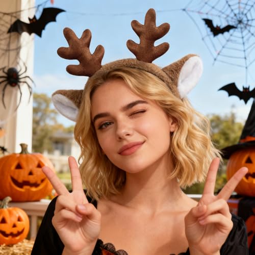 Dolkoic 2Pack Reindeer Antlers Headband Deer Antlers Fluffy Animal Ears Headband Party Cosplay Deer Costume for Christmas Halloween