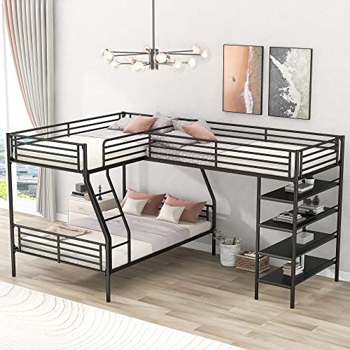 MERITLINE Metal Twin Size L-Shaped Loft Bed, Twin Size Loft Bed Frame with Two Built-in Desks Underneath for Kids Boys Teens, Black
