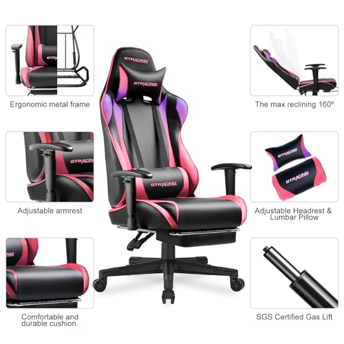 GTRACING Gaming Chair with Footrest, Ergonomic Computer Game Desk Chair, Reclining Game Chair Seat Height Adjustment, Swivel Rocker with Headrest and Lumbar (Blue)