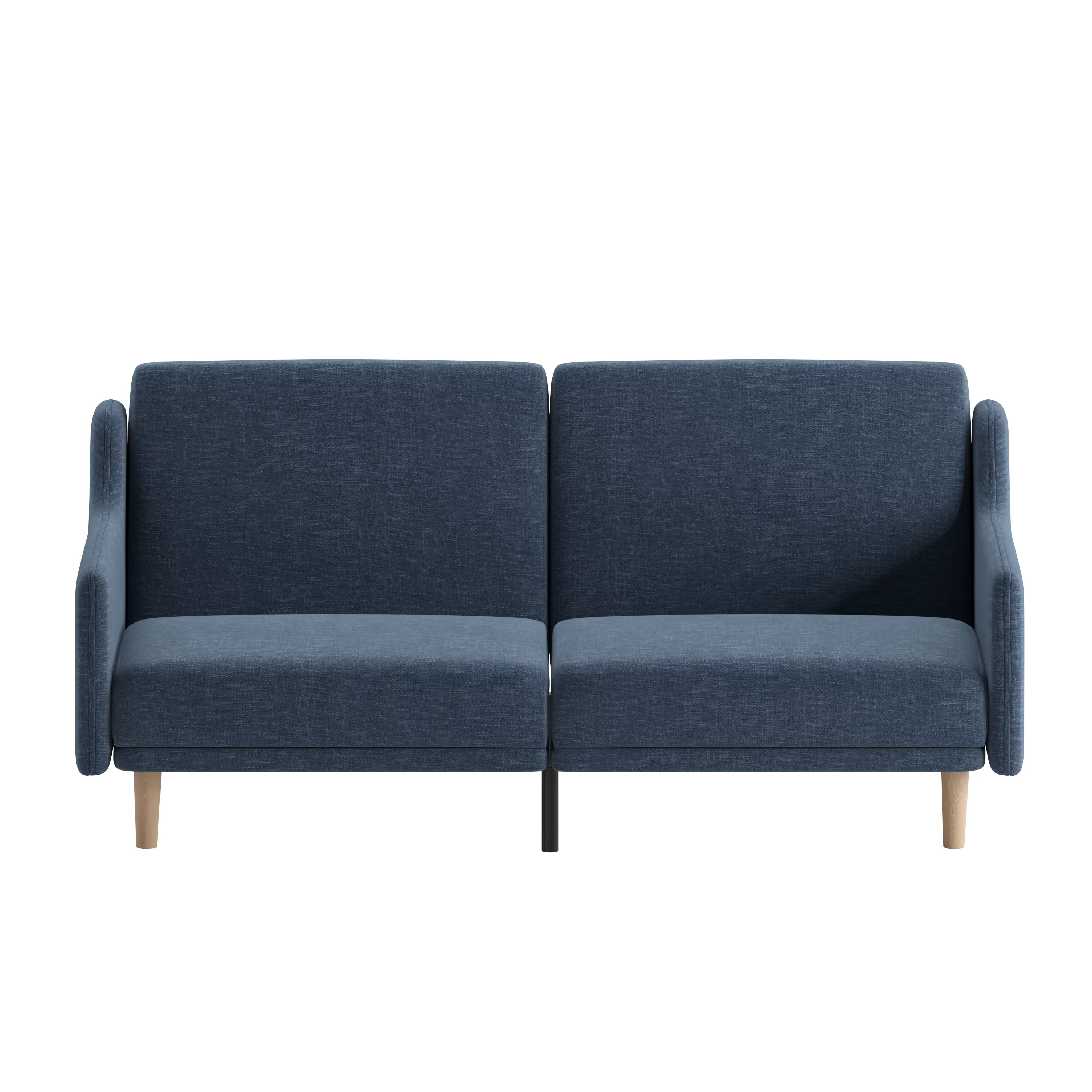 Emma + Oliver Plush Padded Faux Linen Upholstered Split Back Sofa Futon with Smooth Curved Removable Arms and Wooden Legs in Navy
