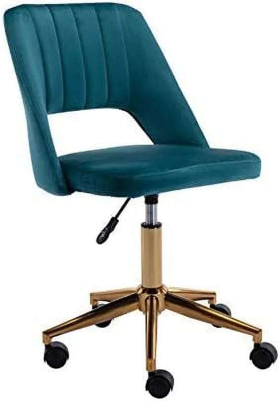 DM  Velvet Office Desk Chair with Wheels  Mid Back Modern  Office Chair Small and Cute for Bedroom  Teal with Gold Base