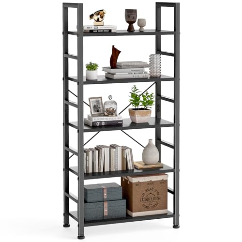 DUMOS 5 Tier Book Shelf Tall Modern Bookcase Set of 2 for Books, CDs, Movies, Storage and Organization Bookshelf Industrial Home Decor for Bedroom Office Kitchen Living Room, Black