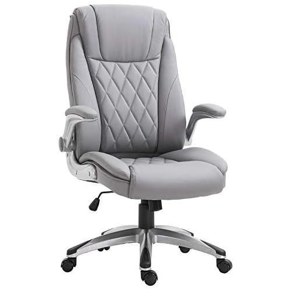 High Back 360° Swivel Ergonomic Home Office Chair With Up Arms, Faux Leather Computer Desk Rocking Chair, Grey