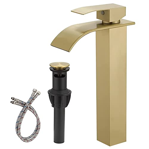 BWE Vessel Sink Faucet Modern Waterfall Chrome Single Hole Bathroom Faucet Single Handle with Pop up Drain Without Overflow Assembly Vanity Basin Bath Sink Faucets Mixer Tap