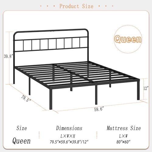 12 inches Full Size Bed Frame with Minimalist headboard,Metal Platform Base with Strong Metal Slats,Mattress Foundation for Under Bed Storage,Easy Assembly,Black