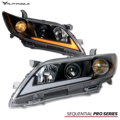 Alpha Owls Switchback Sequential LED Projector Headlights|Compatible With 2007-2009 Toyota Camry|8737828|Black Amber