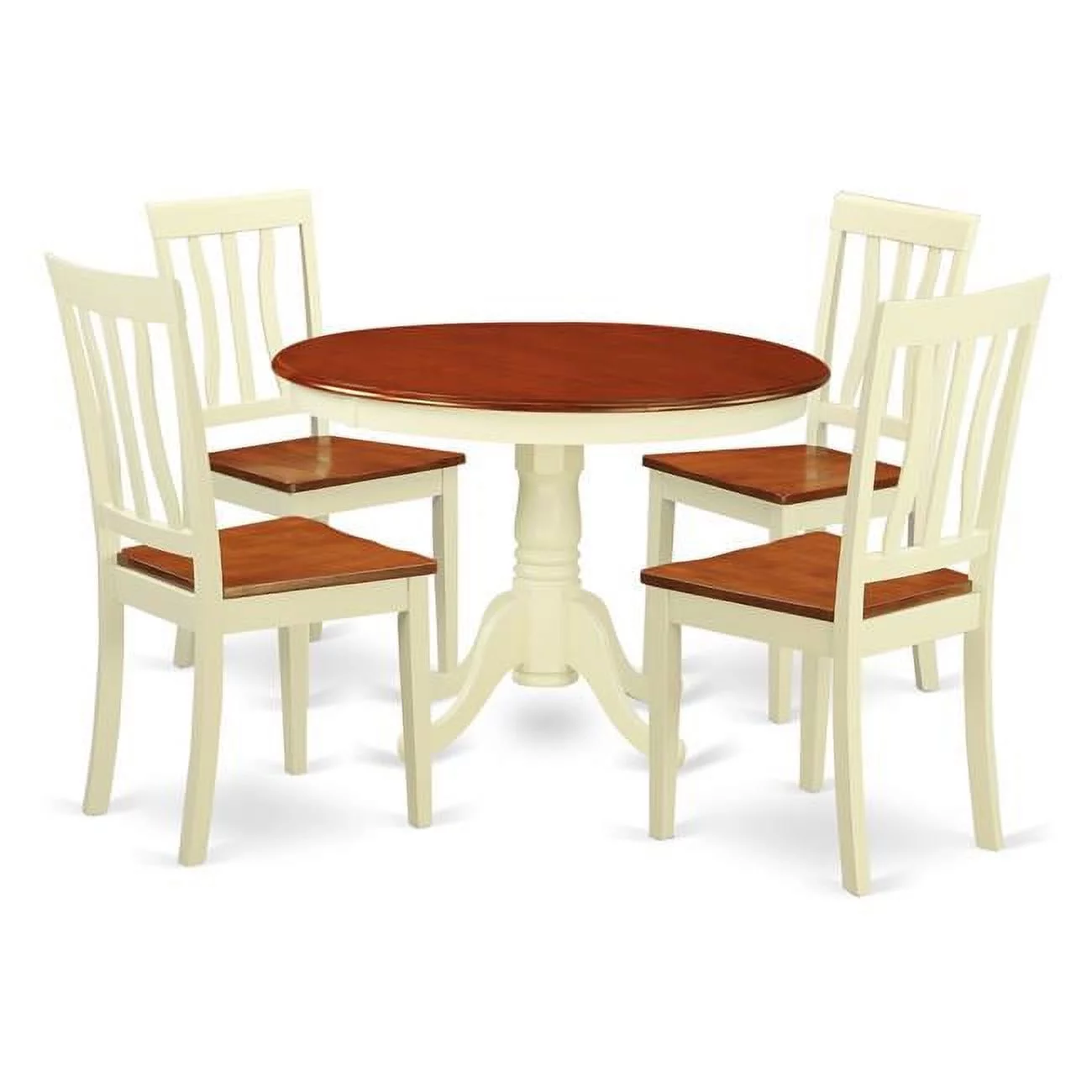 Dining Set - One Round Small Table & 4 Chairs with Solid Wood Seat, Buttermilk & Cherry - 5 Piece - 42 in.