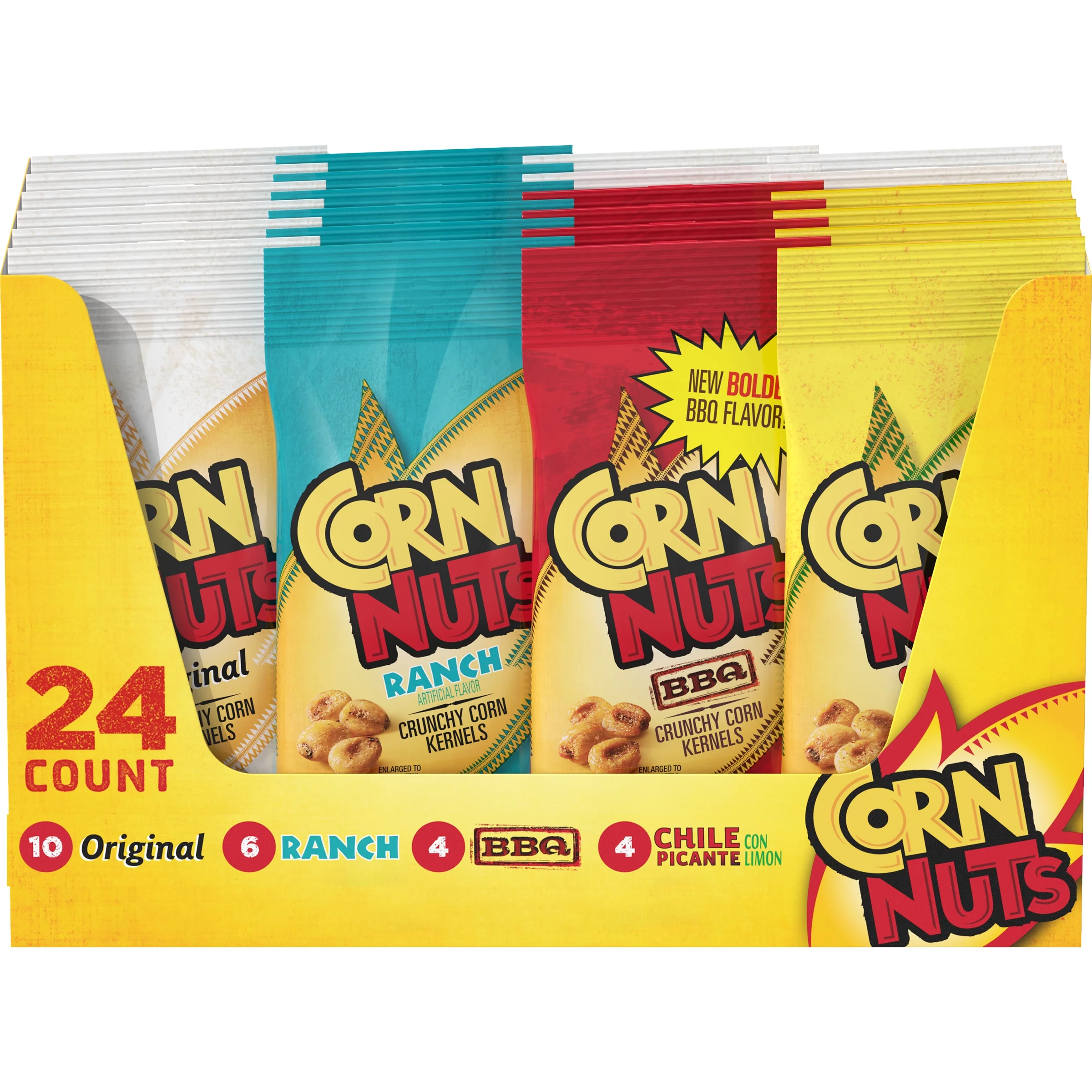 Corn Nuts Original, Ranch, BBQ & Chile Picante Con Limon Crunchy Corn Kernels Variety Pack, 24 ct Box, 1.7 oz Packs