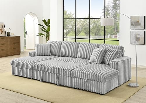 roomfitters U Shaped Sleeper Sofa, 122 Inch Oversized - 2 in 1 Pull Out Bed, Sectional Sleeper Sofa with Double Storage Chaise for Living Room, Rabbit Plush Corduroy Fabric Couch, Grey