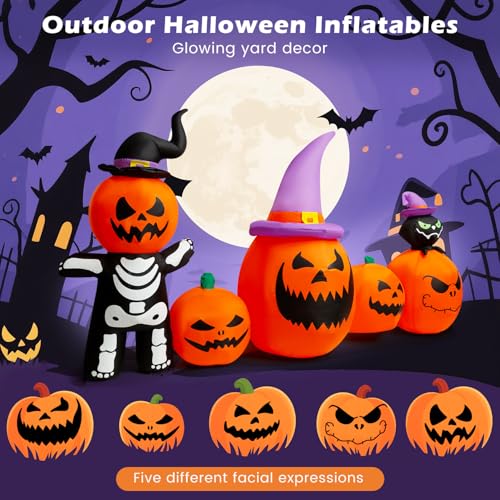 8FT Long Halloween Inflatable Pumpkins Outdoor Decorations, 5 Blow up Pumpkins with Witch Cats Built-in LED Lights, Halloween Inflatables Decor for Outside Yard Lawn