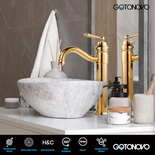 gotonovo Bathroom Vessel Sink Faucet Single Handle Brass Long Reach Bathroom Faucet 1 Hole Deck Mounted Mixer Tap with Pop Up Drain Brushed Nickel