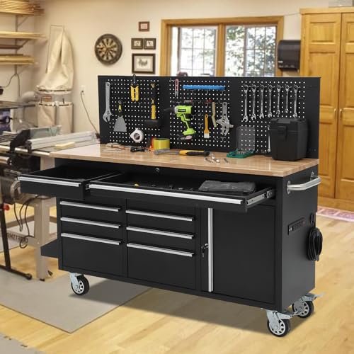 61inch Rolling Tool Chest, Garage Workbench Storage Tool Cabinet 10 with Drawers, Solid Rubber Wood Top with Power Strip, LBS Load Mobile Workstation, Heavy Duty Rolling Cabinet