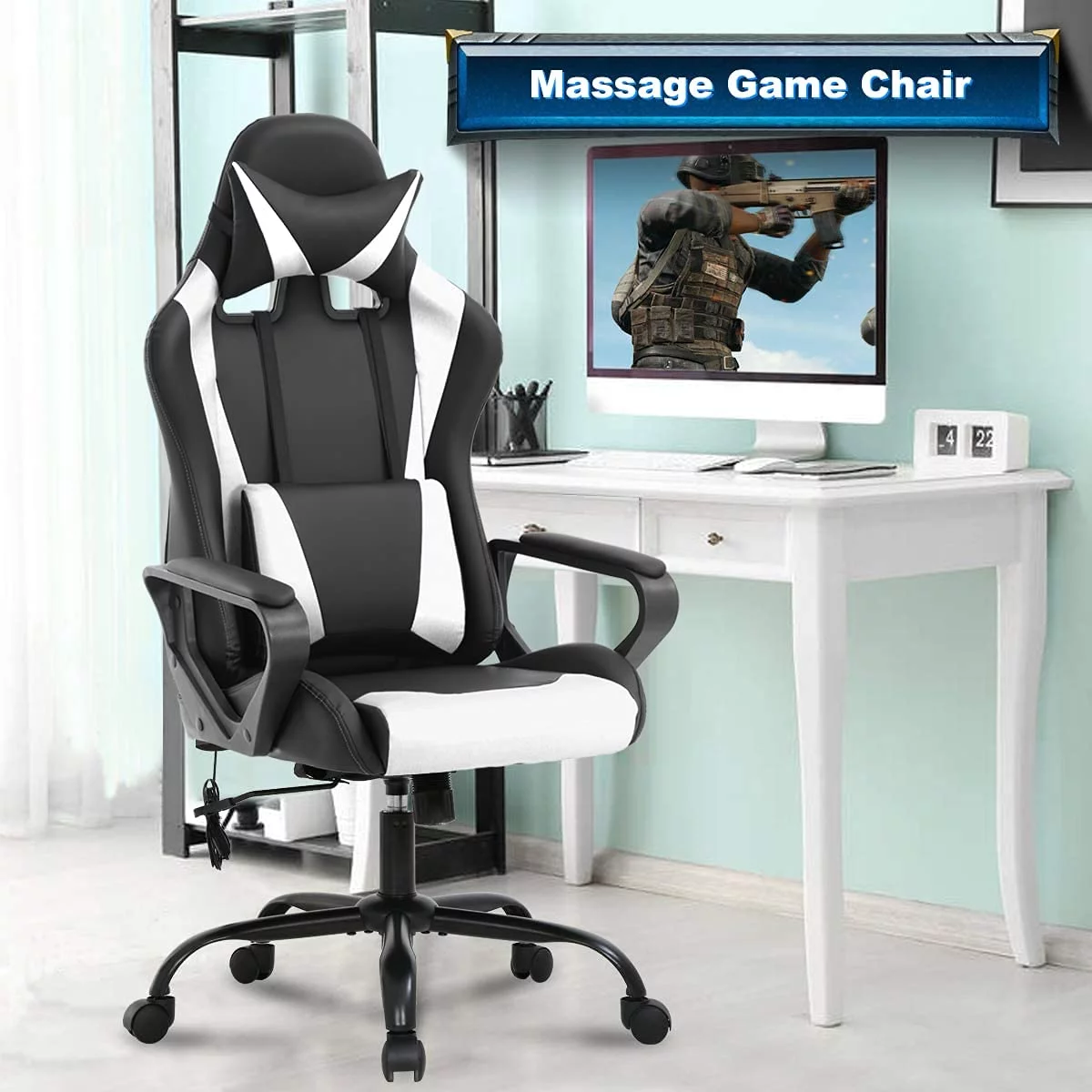 Dkelincs Massage Gaming Chair Adjustable Computer Game Chair with Headrest Ergonomic Office Chair with Armrest & Massage Lumbar Support for Teens & Kids, White
