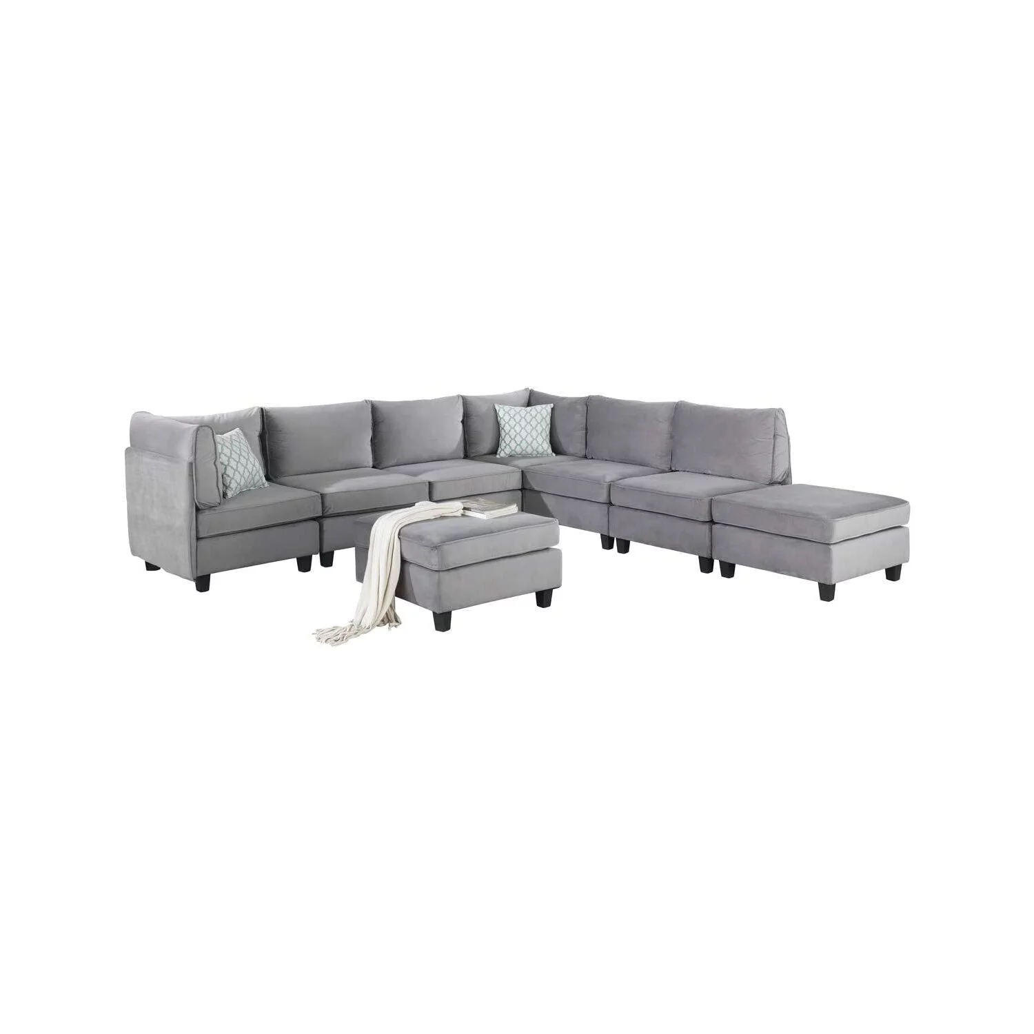 Maykoosh Baroque Brilliance Gray Velvet 8Pc Modular Sectional Sofa