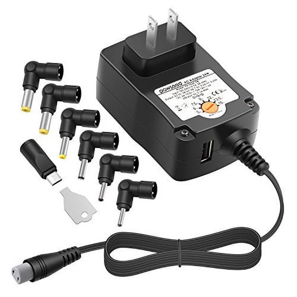 [5V USB Port] Powseed 24W Regulated Switching Multi Voltage 5V 6V 7.5V 9V 12V 13.5V 15V Charger Power Supply Adapter for Household Electronics LED Strips Router HUB HDMI SWITCHER Speaker Tablets