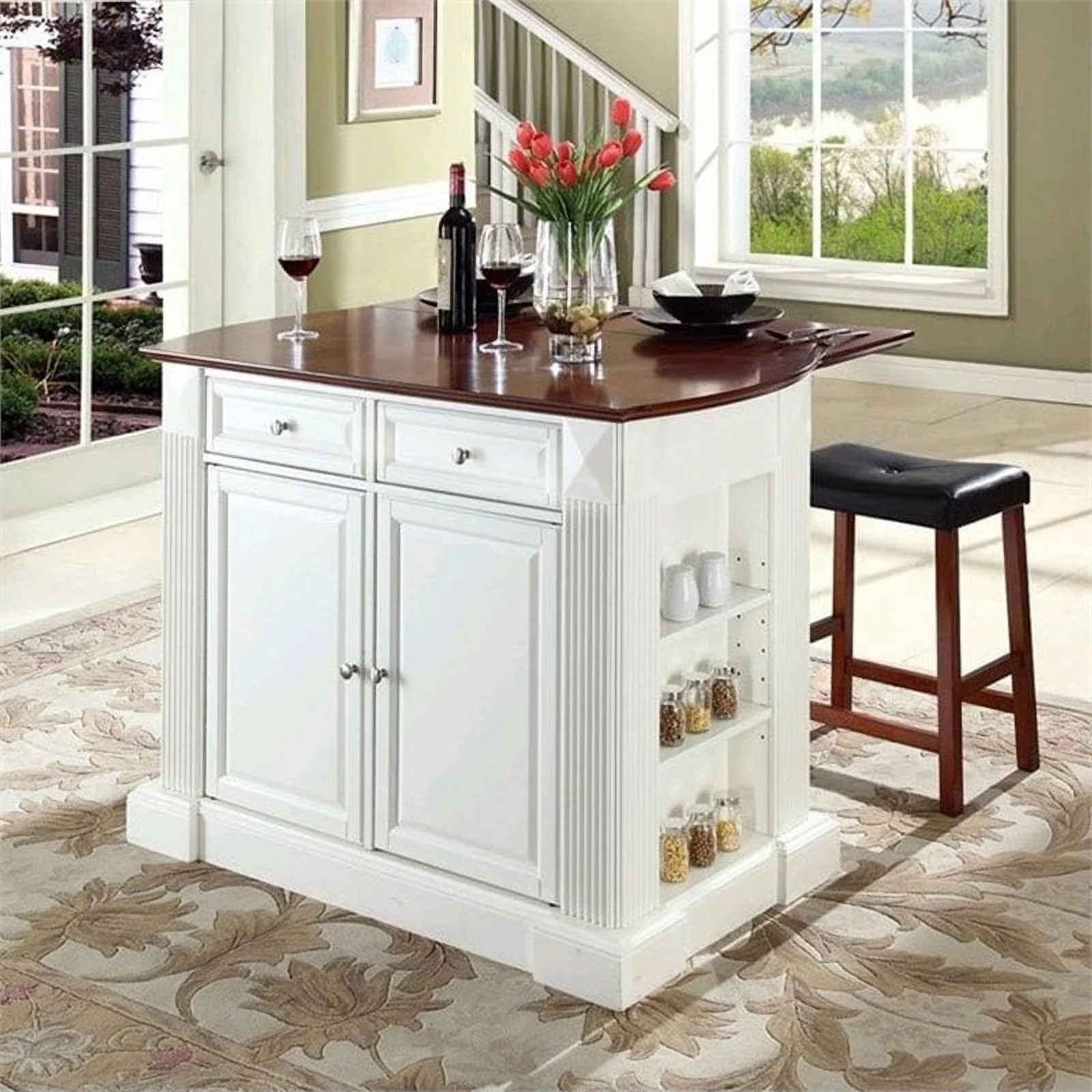 Pemberly Row Wood Drop Leaf Breakfast Bar Kitchen Island with Stools in White