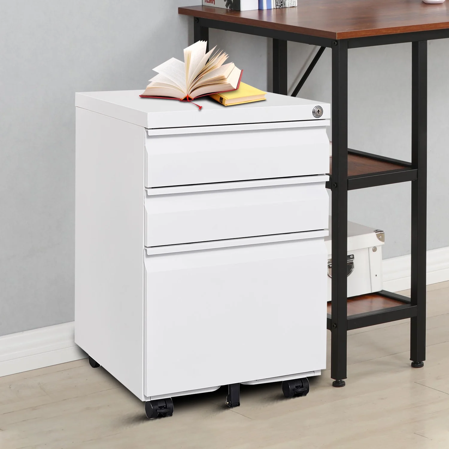 Modern and Practical Metal File Cabinet with A Lock, Three Drawers and Five Wheels for Office, White